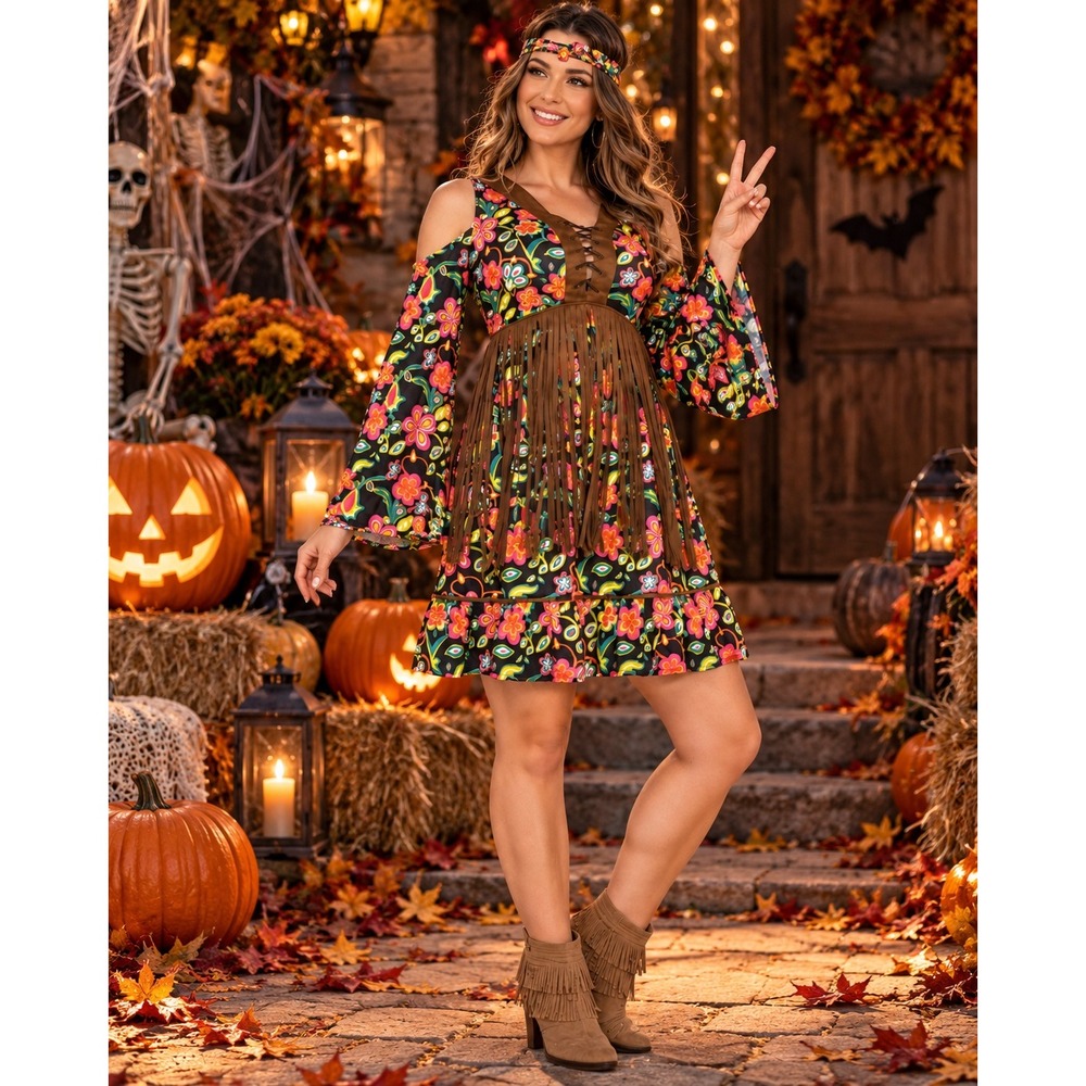 Flower Power Hippie Costume Womens Large Floral Fringe Bell Sleeve 70s Retro